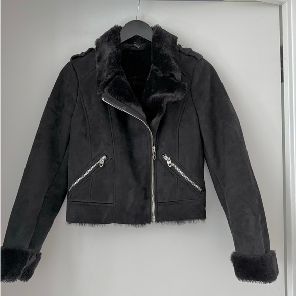 Zara TRF Black Faux Suede & Fur Cropped Moto Jacket - Picture 1 of 5
